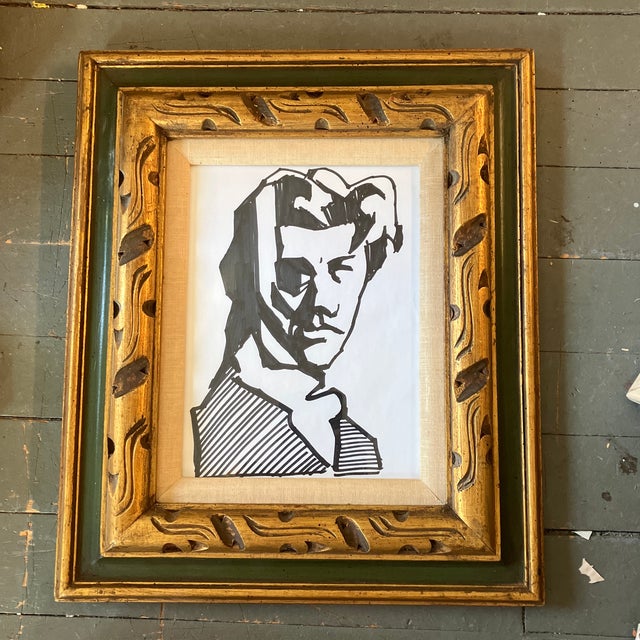 1970s 1970’s Original Abstract Male Portrait Marker Drawing Chunky Carved Vintage Frame For Sale - Image 5 of 5