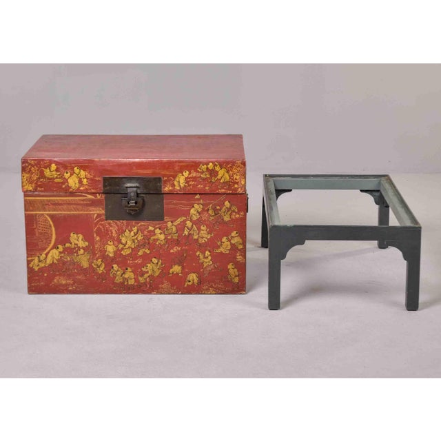 19th Century Chinese Red Lacquer Trunk on Stand With Gilt Decoration For Sale - Image 10 of 12