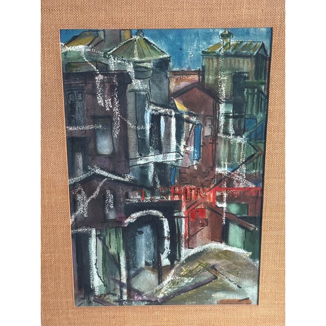 Mid-Century modernist mixed media cityscape framed in silverleaf and faux burl finish frame, grass cloth mat with glass....