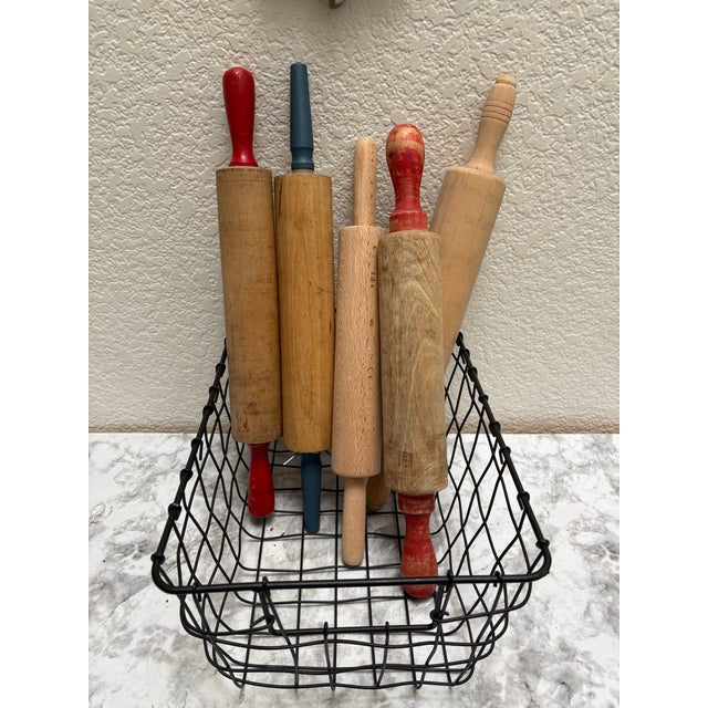 Vintage Rustic Wood Set of Assorted Rolling Pins, Set of Six With Black Metal Basket For Sale - Image 4 of 10