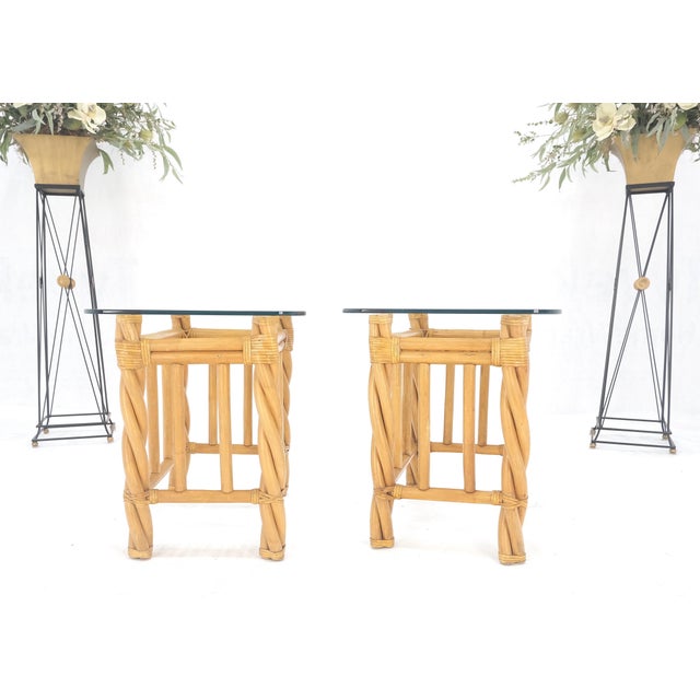 Pair Decorative Twisted Rattan Rectangle End Side Tables Stand Rounded Glass Top For Sale - Image 6 of 12