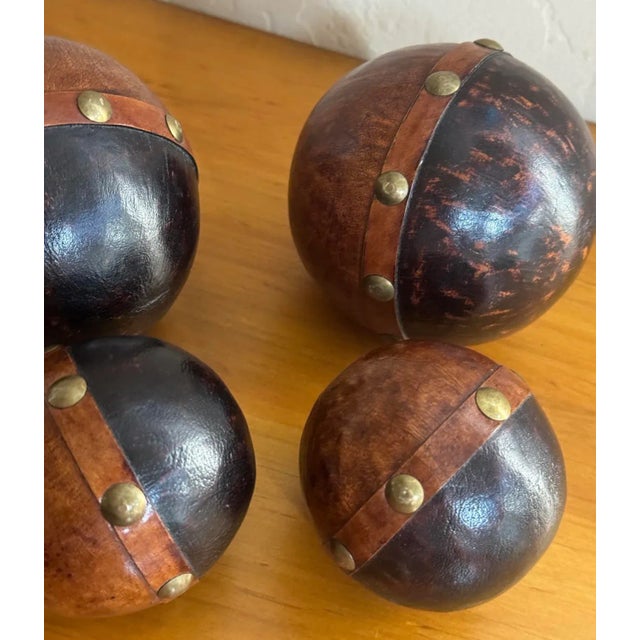 Contemporary Late 20th Century Brass Studded Leather Clad Wood Decorative Balls Spheres Orbs- Set of 4 For Sale - Image 3 of 11