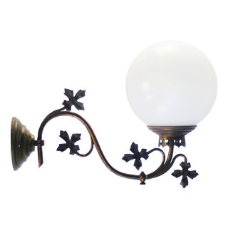Belgian Art Nouveau Wall Light with Brass Arm and Opaline Glass Globe For Sale
