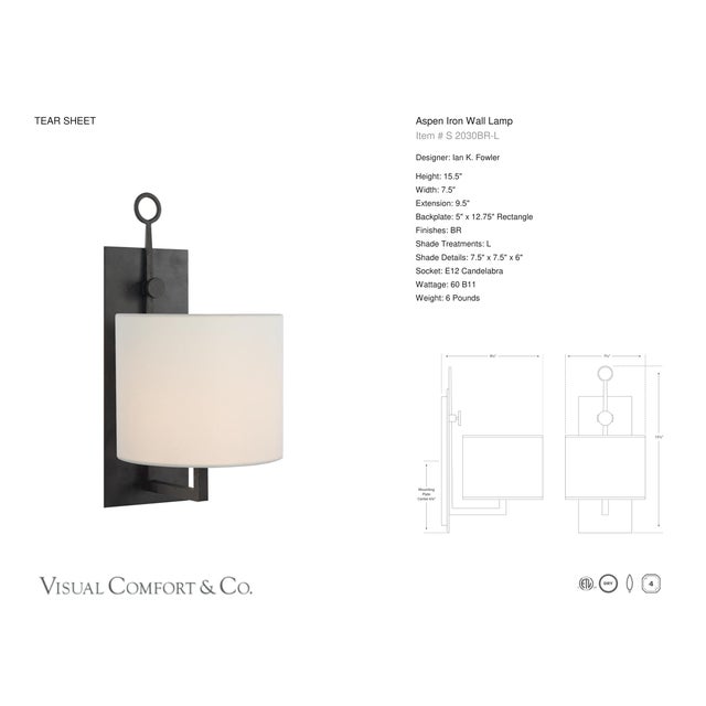 Transitional Ian K. Fowler for Visual Comfort Signature Aspen Iron Wall Lamp in Black Rust with Linen Shade For Sale - Image 3 of 4