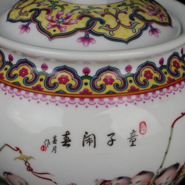 1950s Famille Rose Children Spring Celebration Porcelain Lidded Jar, Chinoiserie Canister For Sale - Image 5 of 8