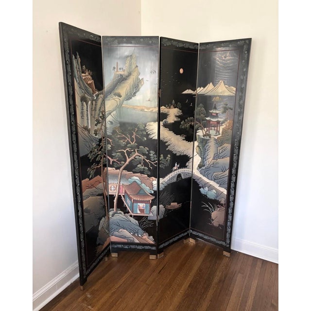 Chinese 1960s Chinese Export Four-Panel Coromandel Lacquer Folding Screen For Sale - Image 3 of 4