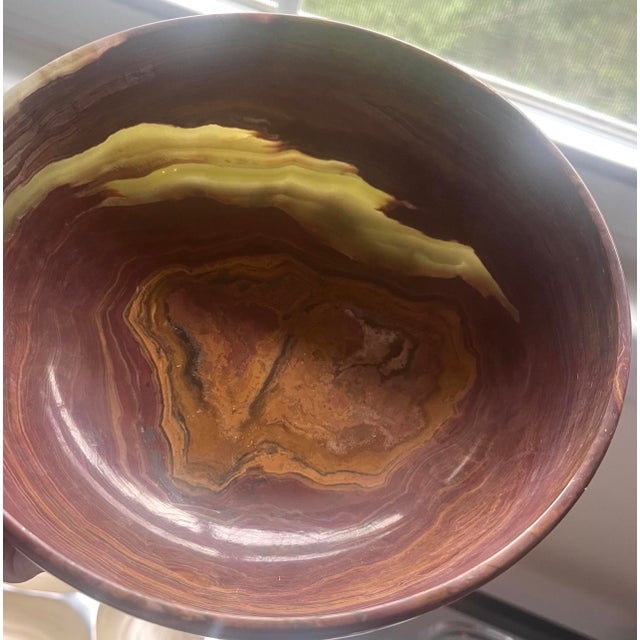 Vintage Deep Red-Hued, Green, and Browns Onyx Turned Decorative Bowl For Sale - Image 4 of 5