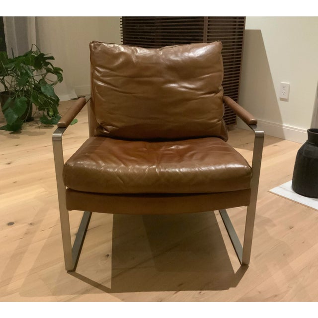 Pottery Barn Pottery Barn Brown Leather Metal Armchair For Sale - Image 4 of 4