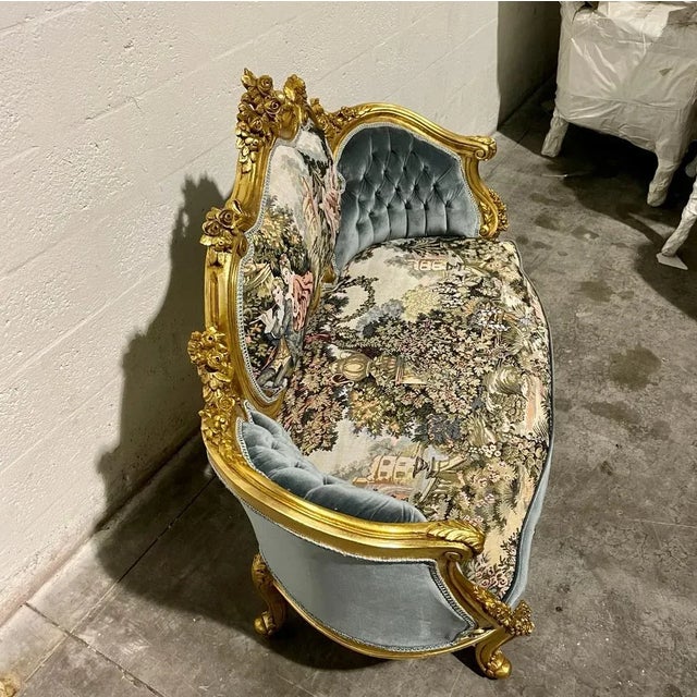 Textile French Style Sofa Tufted Settee Bench with Blue Velvet & Patterned Fabric For Sale - Image 7 of 9