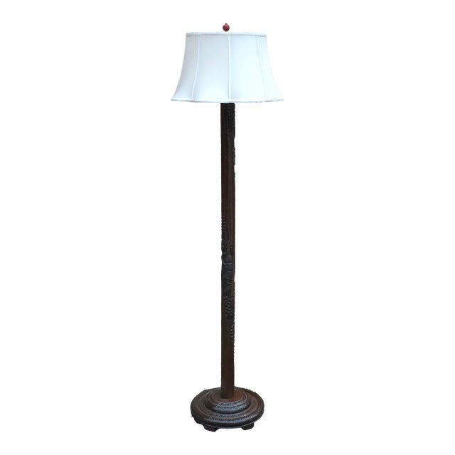 Early 20th Century Art-Deco Oriental Style Hand-Carved Wood Floor Lamp For Sale