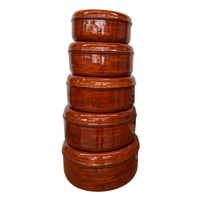 Nested Red Brown Wooden Storage Bowls with Lids - Set of 5 For Sale