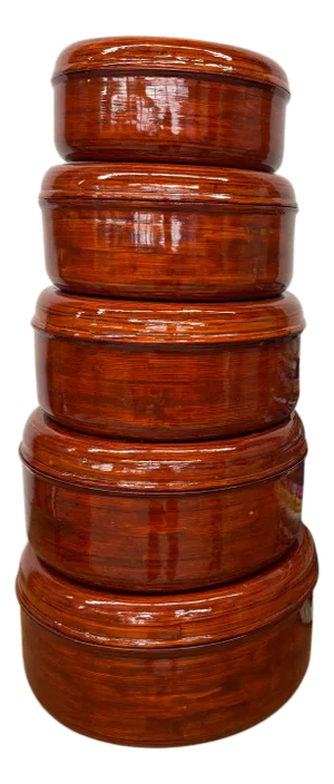 Nested Red Brown Wooden Storage Bowls with Lids - Set of 5