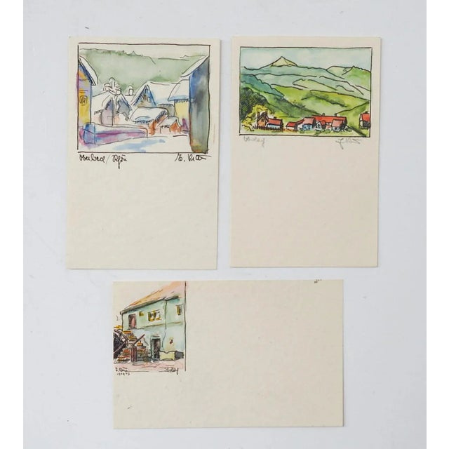 Late 20th Century Tiny Mid Century European Villages Watercolor Paintings - Set of 3 For Sale - Image 5 of 5