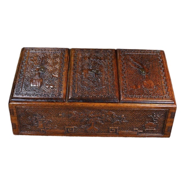 Vintage Chinese Huali Rosewood Carved "Antiques" Triple-Lidded Box Set For Sale