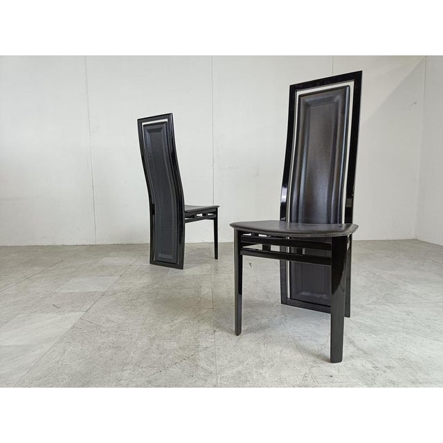 Wood Italian Modern Lacquered Wood and Leather Dining Chairs, 1980, Set of 8 For Sale - Image 7 of 12