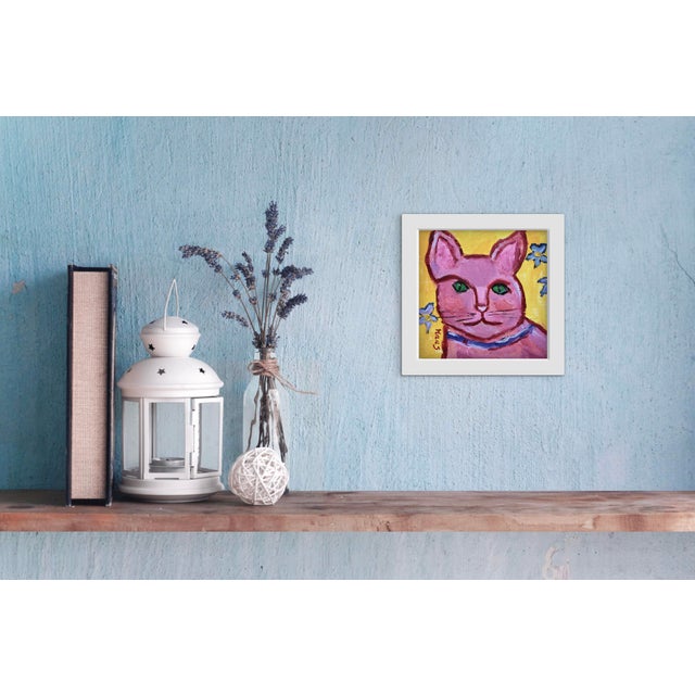 Wood Primitive Style Pink Cat Portrait, Small Painting For Sale - Image 7 of 7