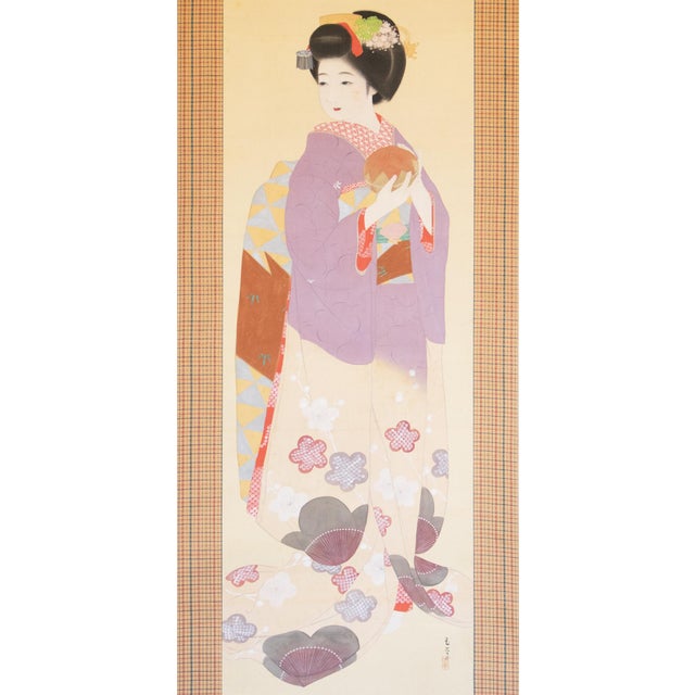 "Beautiful Woman" by Gyokukajo, Japanese Silk Scroll Painting in Original Wooden Case For Sale - Image 4 of 18