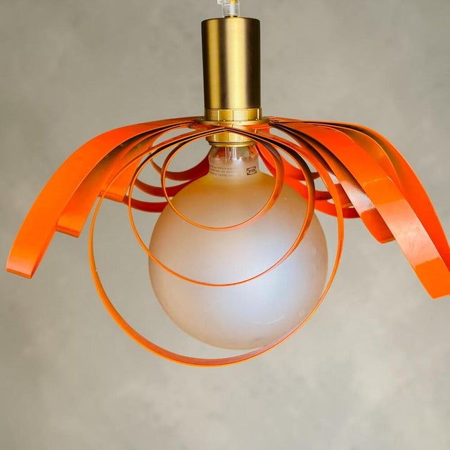 Modernist French Orange Metal Ribbon Hanging Lamp, 2000s For Sale - Image 6 of 14