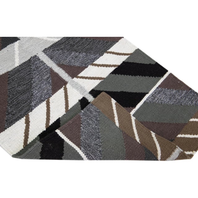 2010s Modern Swedish Style Gray Handmade Geometric Wool Runner For Sale - Image 4 of 7