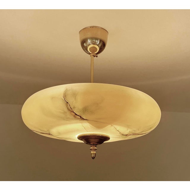 Art Deco Pendant Light in Amber Green Marble Glass, 1930s For Sale - Image 9 of 18