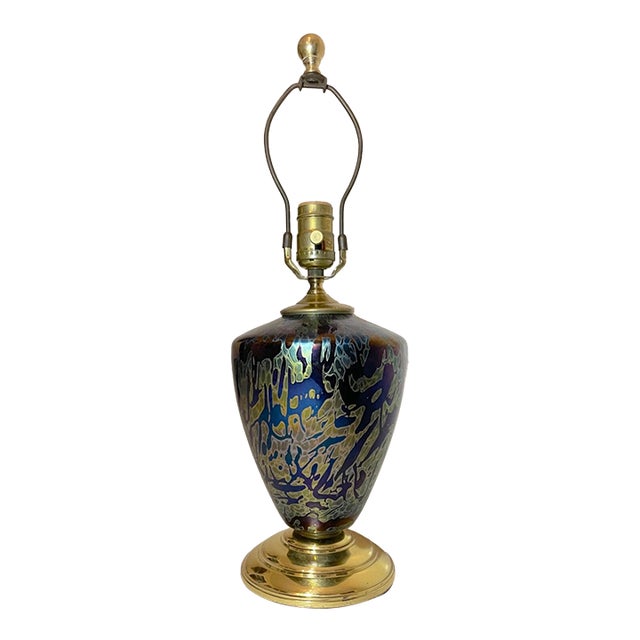Vintage Hand Blown Iridescent Aurene Studio Lustre Glass Electric Table Lamp For Sale
