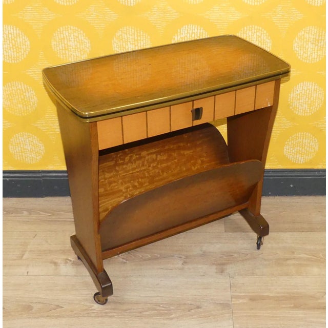 Small Side Table with Newspaper Stand on Wheels with Drawer, 1950s For Sale - Image 10 of 10