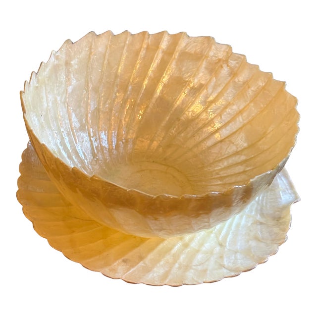 1990s Capiz Shell Bowl and Plate Set. Translucent Coastal Decorative Shell Ware For Sale