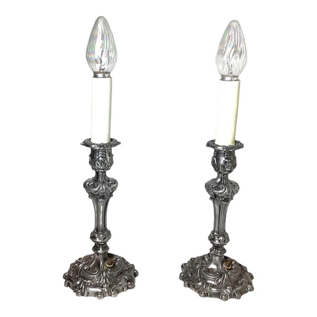 Pair Early 20th Century Silver Pewter Candlestick Lamps For Sale