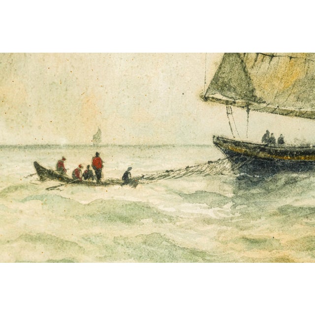 Lovely Large Gold Gilt Frame Antique Victorian Maritime Watercolor Painting Fishing Sailboat Ocean Wall Home Decor Nautical Art For Sale - Image 4 of 18