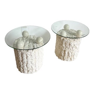 Postmodern Tessellated Stone Circular Beveled Glass Top Side Tables - a Pair For Sale