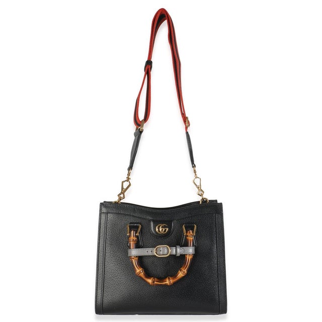 Black Black Dusty Grey Textured Dollar Calfskin Web Small Diana Tote For Sale - Image 8 of 9