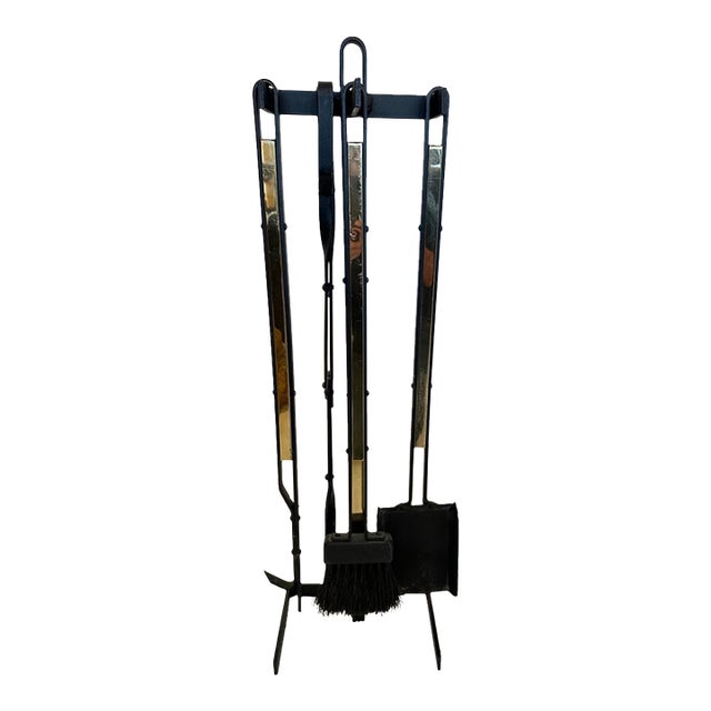 Midcentury Modern Iron and Brass Fireplace Tool Set -Set of 4 For Sale