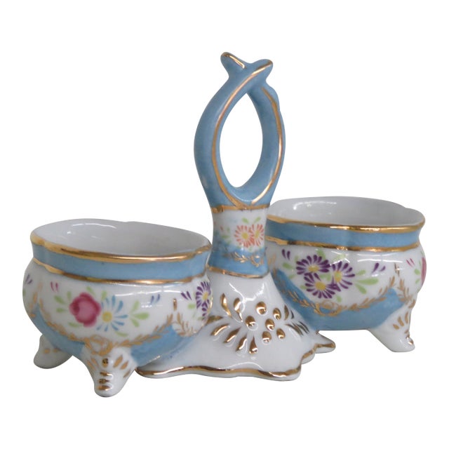 Limoges China Double Open Salt Cellar With Handle Vintage Hand Painted 4696b For Sale