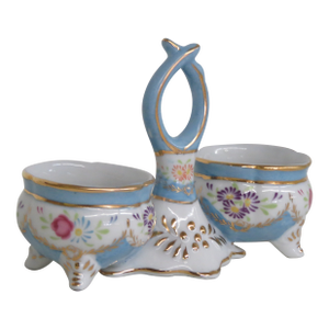 Limoges China Double Open Salt Cellar With Handle Vintage Hand Painted 4696b