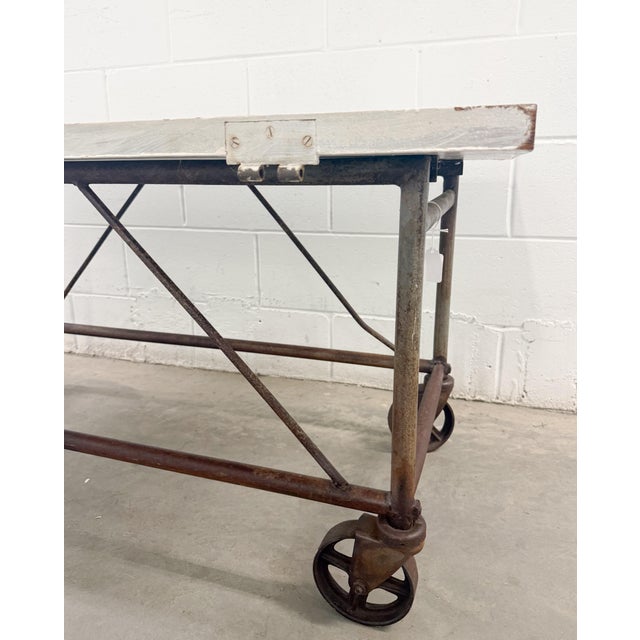 Vintage Industrial Farmhouse Work Bench Table With Caster Wheels For Sale - Image 10 of 10