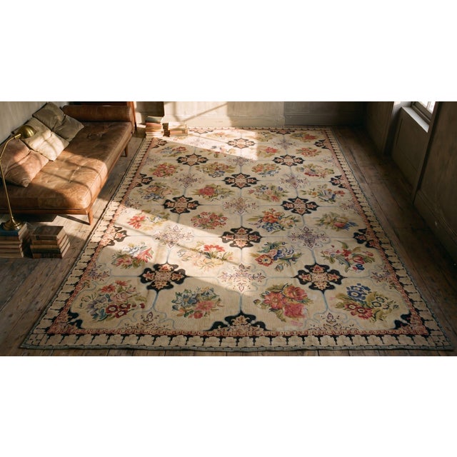 Beautiful Ivory, Blue and Red With Great Florid Design Antique Needlepoint Rug For Sale - Image 14 of 15