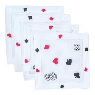 Hand Embroidered Playing Cards Cocktail Napkins- Set of 4 For Sale