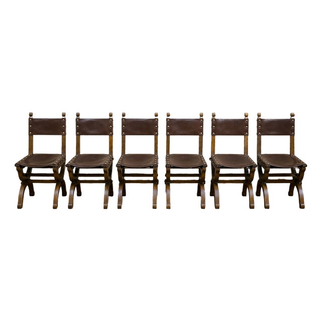 Renaissance Chairs in Oak and Leather, 1920s, Set of 6 For Sale