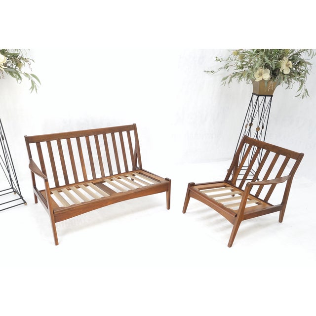 1970s Danish Mid-Century Modern New Upholstery Walnut Frames Sofa & Chair Set - A Pair For Sale - Image 5 of 12