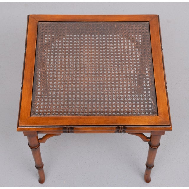 Very nice set of side tables ,Faux Bamboo Cherry wood comes with a Wicker top protected by a Glass plate.