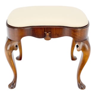 Antique 19th Century Quen Ann Style Scallop Accent New Leather Upholstery Bench For Sale