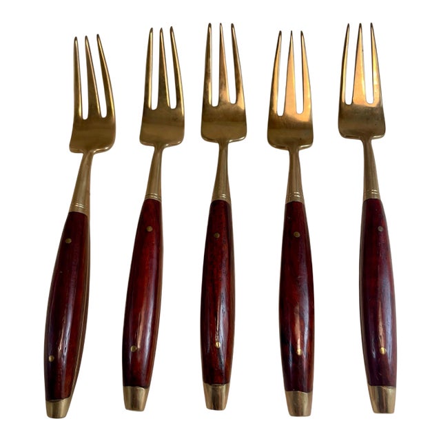 Mid 20th Century Rosewood & Brass Small Desert H'Ordreves Forks Flatware Set of 5 For Sale