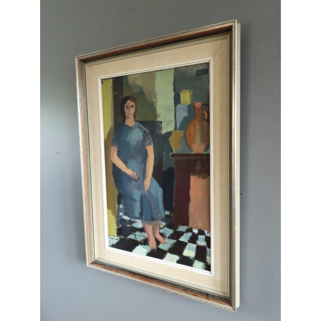 Mid 20th Century Mid-Century Modern 'Presence in Blue' Swedish Original Figurative Interior Oil Painting, Framed For Sale - Image 5 of 13