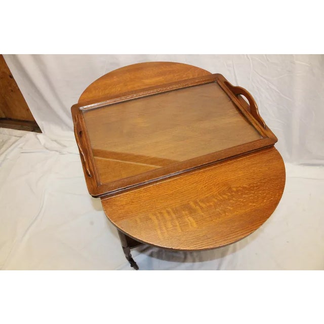 Early 20th Century Early 20th Century Arts & Crafts Tiger Oak Serving Drop Leaf Table, Tea Cart With Tray For Sale - Image 5 of 9