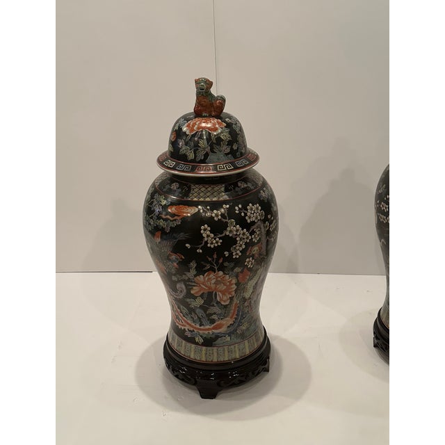 Asian Palace Jars With Foo Dog Finials and Ebonized Stands -a Pair For Sale - Image 4 of 13