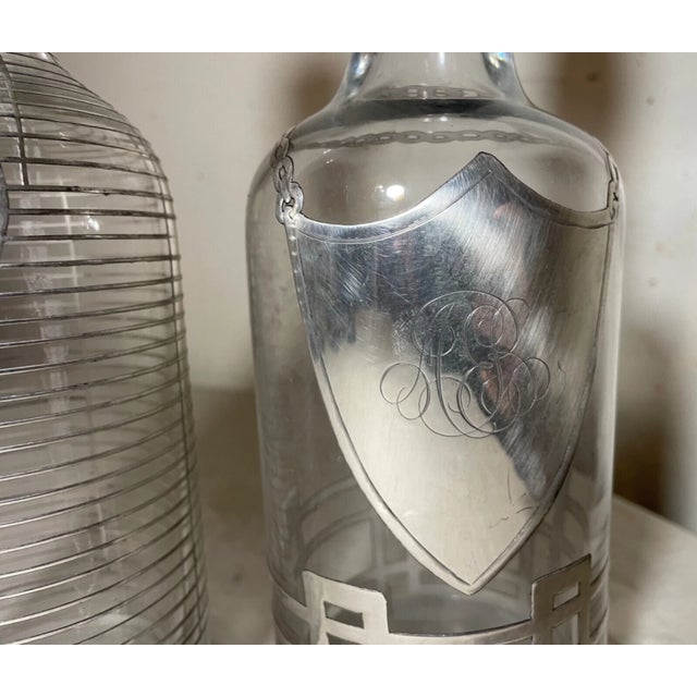 19th Century Pair Antique Ornate Sterling Silver Overlay Glass Liquor Claret Decanter Bottle For Sale - Image 5 of 14