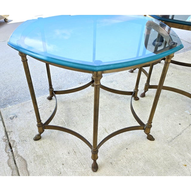 Gold Vintage Labarge Side Tables Brass Glass Hoof Footed Octagonal Pair For Sale - Image 8 of 17