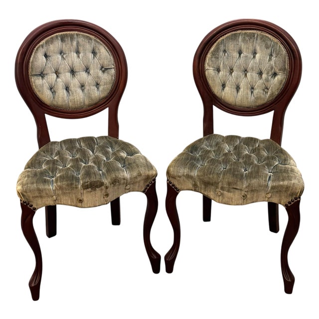 Vintage Victorian Style Mahogany Frame Velvet Tufted Accent Chairs - Pair For Sale