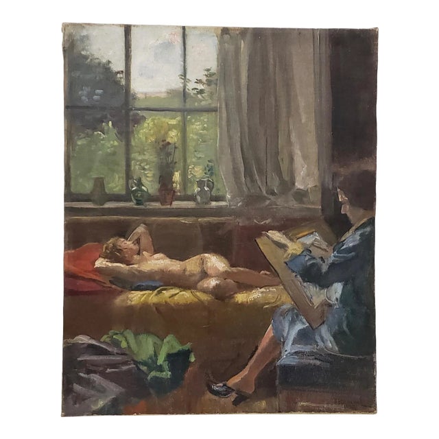 Herman Lipot (Hungarian, 1884-1972) "The Artist and the Model" Original Oil Painting C.1927 For Sale