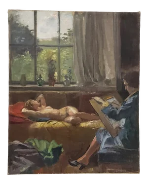Herman Lipot (Hungarian, 1884-1972) "The Artist and the Model" Original Oil Painting C.1927
